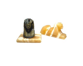 Egyptian Pharaoh & Sphinx Figurines Onyx Base Decorative Collectibles