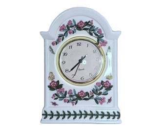 Portmeirion Botanic Garden porcelain Mantel Clock White Pink/Green Floral