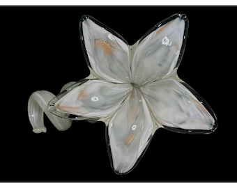 White and Clear Blown Glass Flower Figurine with Curled Stem - 6 Inch