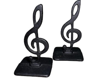 Vintage Musical Treble Clef Cast Iron Bookends Black 6.5" Tall