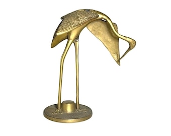 Vintage Brass Crane Bird Sculpture Textured Details Mid-Century Modern Decor