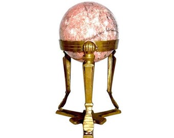 Pink Granite Sphere on Art Deco Solid Brass Tripod Globe Stand