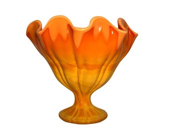 L.E. Smith Bittersweet Pedestal Compote Ruffled Edge Orange Yellow Glass "As Is"