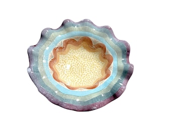 1990's Victoria & Richard Mackenzie-Childs Ruffled Ceramic Bowl Multicolor Decorative Home Accent