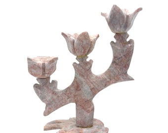 Hand-Carved Pink Stone/Marble 3-Arm Tulip Candle Holder