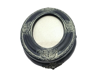 Vintage Black Oval Picture Frame Trinket Box Ornate Detailing, Velvet Interior