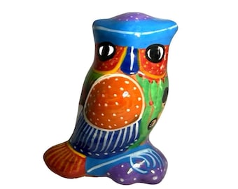 Hand-Painted Mexican Talavera Red Clay Owl Figurine Colorful Folk Art