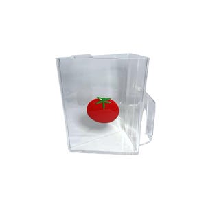 May include: A clear, transparent acrylic pitcher with a triangular shape and a side handle. The front of the pitcher features a bright red tomato graphic with a green stem centered on the surface, providing a simple and functional design.