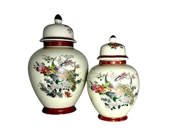 Vintage Satsuma Lidded Ceramic Ginger Jars With Peacock/Floral Design Set Of 2