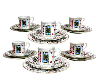 Elizabethan Staffordshire Fine Bone China Playing Cards Pattern Demitasse Tea Cup, Saucer and Snack Plate - 18 Piece Set - Made in England