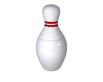 Tarro de cerámica blanca Luminarc vintage con forma de bolo de bolos y tapa, objeto de colección.