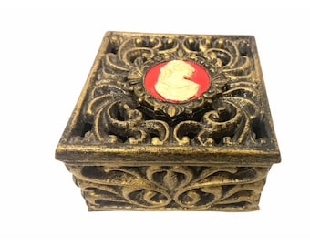 Vintage Ornate Metal Trinket Box with Cameo