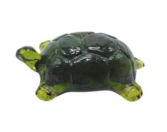 Green Glass Turtle Figurine Paperweight 4.5" Unique Handcrafted Decorative Accent