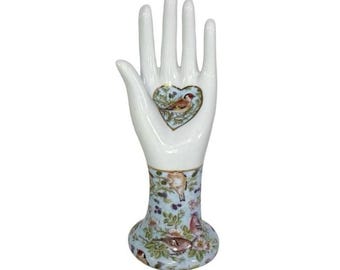 Porcelain Hand With Bird Chintz Floral Design Heart Detail White & Multicolor