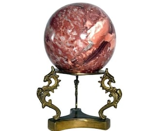 Pink/Red Marble Sphere Brass Dragon Stand Made In Pakistan