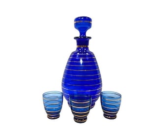 Vintage Cobalt Blue Glass Decanter With Gold Accents & Matching Glasses Set