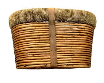 Vintage Woven Oval Pencil Reed Basket W/ Rattan Rim & Wooden Straps