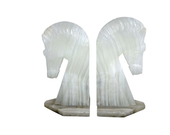 Vintage White Onyx Horse Head Bookends With Striped Pattern - Decorative Stone Sculptures For Home Or Office
