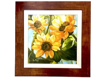 Sunflower Painting By Baltas A In Wooden Frame 17"x17" Wall Art