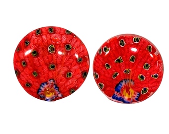 Art Glass Peacock Paperweights Red/White Multicolor Millefiori Design Set of 2