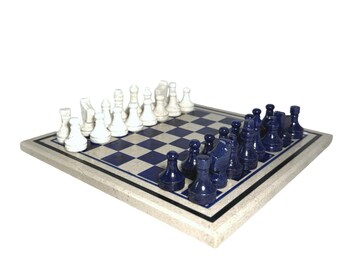 Stone Chess Set Blue/Ivory Board and Pieces Handcrafted In Pakistan