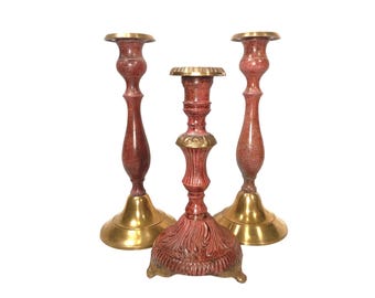Vintage Burgundy Cloisonné Enamel & Gold Brass Candlestick Holders Set Of 3