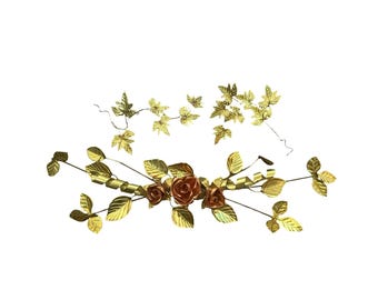 Homco Brass Copper Rose Floral Swag 3D Sculpture w/ 2 Additional Leaf Clusters