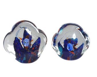 Hand-Blown Glass Fish Paperweight Vibrant Blue Coral Reef Design - Set of 2