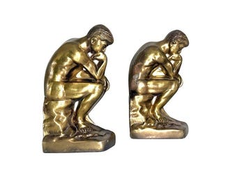 Vintage The Thinker Bookends Cast Metal Gold Finish 6" Tall Pair
