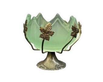 Vintage Brama Frosted Green Art Glass Bowl on Silver-Plated Base