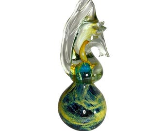 Art Glass SeaHorse Sculpture With Yellow/Blue Swirl Signed Mdina