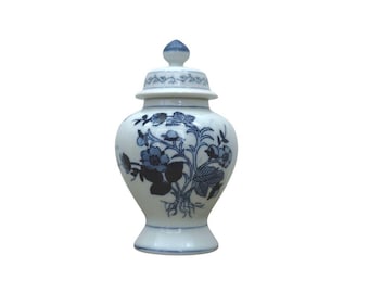 Blue & White 6" Porcelain Lidded Ginger Jar With Floral Design Decorative Accent