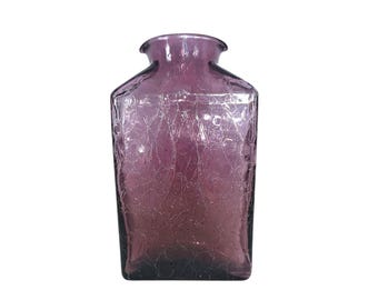 Blenko Style Double Spout Hand-Blown Amethyst Crackle Glass Vase