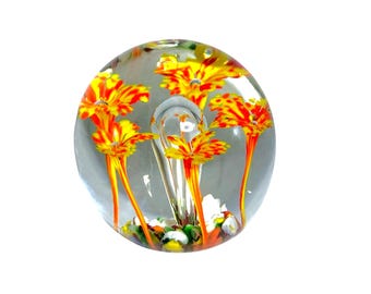 Handcrafted Glass Paperweight With Yellow & Orange Floral Design