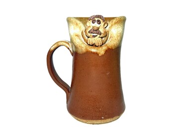 Vintage Stoneware 3D Mug Whimsical Goofy Character Brown & Beige Glaze
