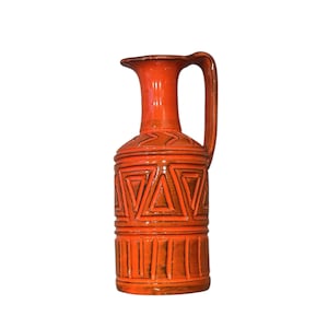 Bitossi Orange Mid-Century Modern Sgraffito Geometric Relief Ceramic Jug