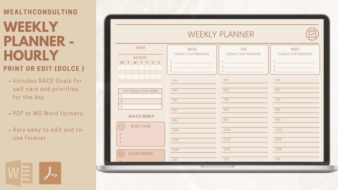 Editable Weekly Planner Printable, Hourly Schedule, Self Care (PDF) - Etsy