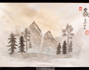 Original Sumi-e ink painting "Sun behind the mountain"