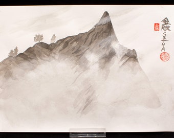 Original Sumi-e ink painting "Mountain in the Storm"