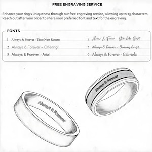 May include: Illustration of two rings with the text "Always & Forever" engraved on them. The image also includes a list of fonts for engraving, including "Time New Roman" and "Dancing Script". The text "FREE ENGRAVING SERVICE" is at the top.