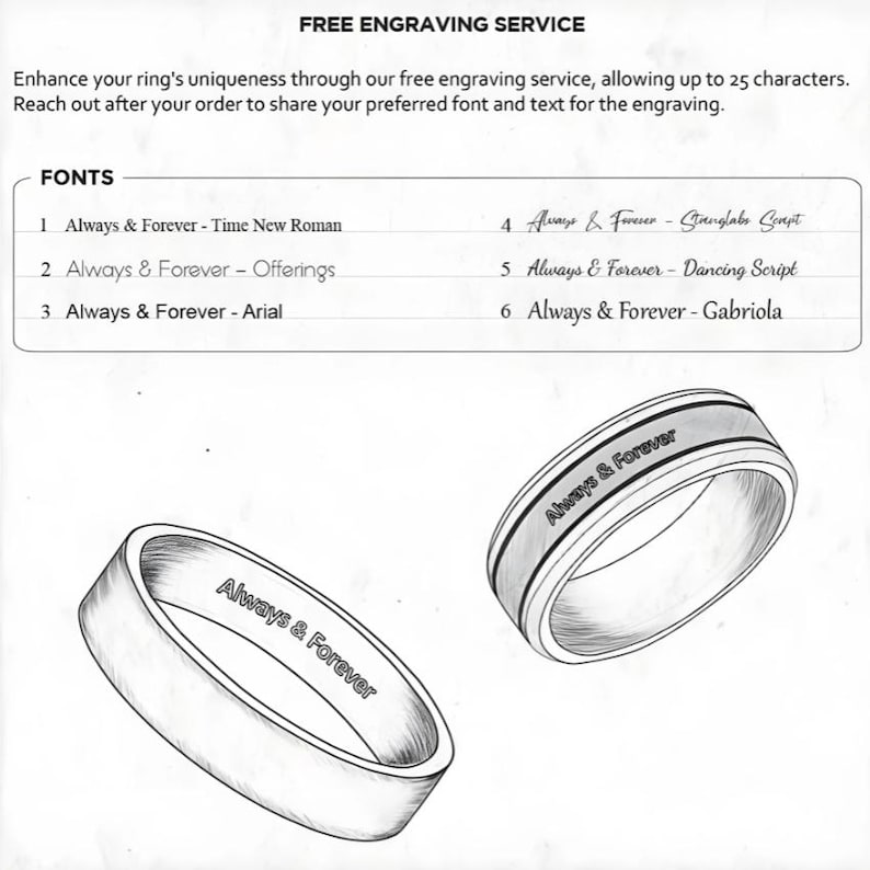 May include: Illustration of two rings with the text "Always & Forever" engraved on them. The image also includes a list of fonts for engraving, including "Time New Roman" and "Dancing Script". The text "FREE ENGRAVING SERVICE" is at the top.