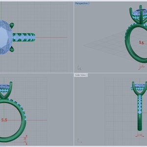 Könnte beinhalten: Ein 3D-Modell eines Rings mit einem ovalen Mittelstück und einer Reihe kleinerer Steine. Der Ring wird aus vier verschiedenen Blickwinkeln gezeigt: von oben, von der Seite, von vorne und durch den Finger.