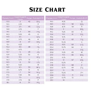 May include: A size chart for rings, displaying measurements in millimeters, United States & Canada sizes, European sizes, and Australian & UK sizes. The chart includes a range of sizes, from 13.3mm to 23.1mm in diameter.