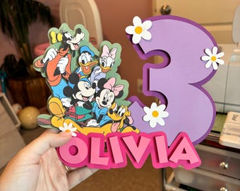 Character Cake Topper – Flower Power Birthday Decoration – Retro Mouse Party – Custom Name and Age