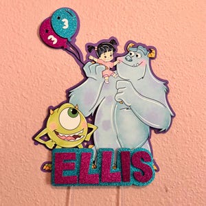 Monsters  Cake Topper – Sulley Mike Birthday Decoration – Pixar Party Theme – Custom Name & Age