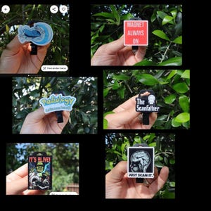 May include: A selection of black badge clips with different designs and text. One clip shows a cartoon whale, another reads "MAGNET ALWAYS ON," and others display "Radiology," "The Scanfather," "IT'S ALIVE!" and "JUST SCAN IT."
