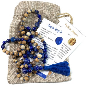 Lapis Lazuli, Picture Jasper 108 Bead Mala, Lapis Lazuli Guru, Heaven Stone, Meditation, Yoga Necklace, Japa Mala, Gift for him or her