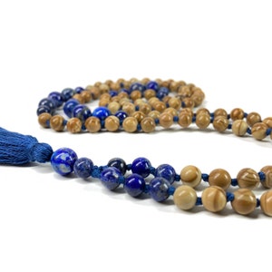 Lapis Lazuli, Wood Jasper 108 Bead Mala, Lapis Lazuli Guru, Heaven Stone, Meditation, Yoga Necklace, Japa Mala, Gift for him or her