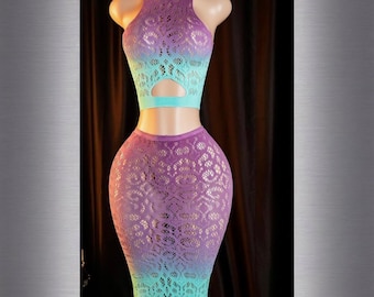 Aqua Blue and Purple Ombré Fishnet Two Piece Lingerie Skirt Set, One Size Fits Most