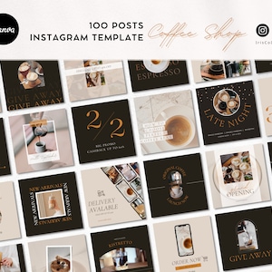 Może przedstawiać: Zbiór 16 szablonów postów na Instagram dla kawiarni. Szablony zawierają różne obrazy i teksty, w tym ziarna kawy, kubki do kawy i szyldy kawiarni. Szablony są zaprojektowane w nowoczesnym i minimalistycznym stylu z kolorystyką czerni, bieli i złota.